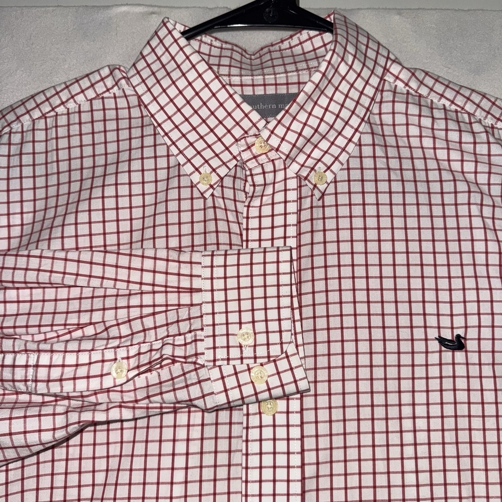 Mens Small Southern Marsh Button Down Shirt Red White Excellent Tattersall Check